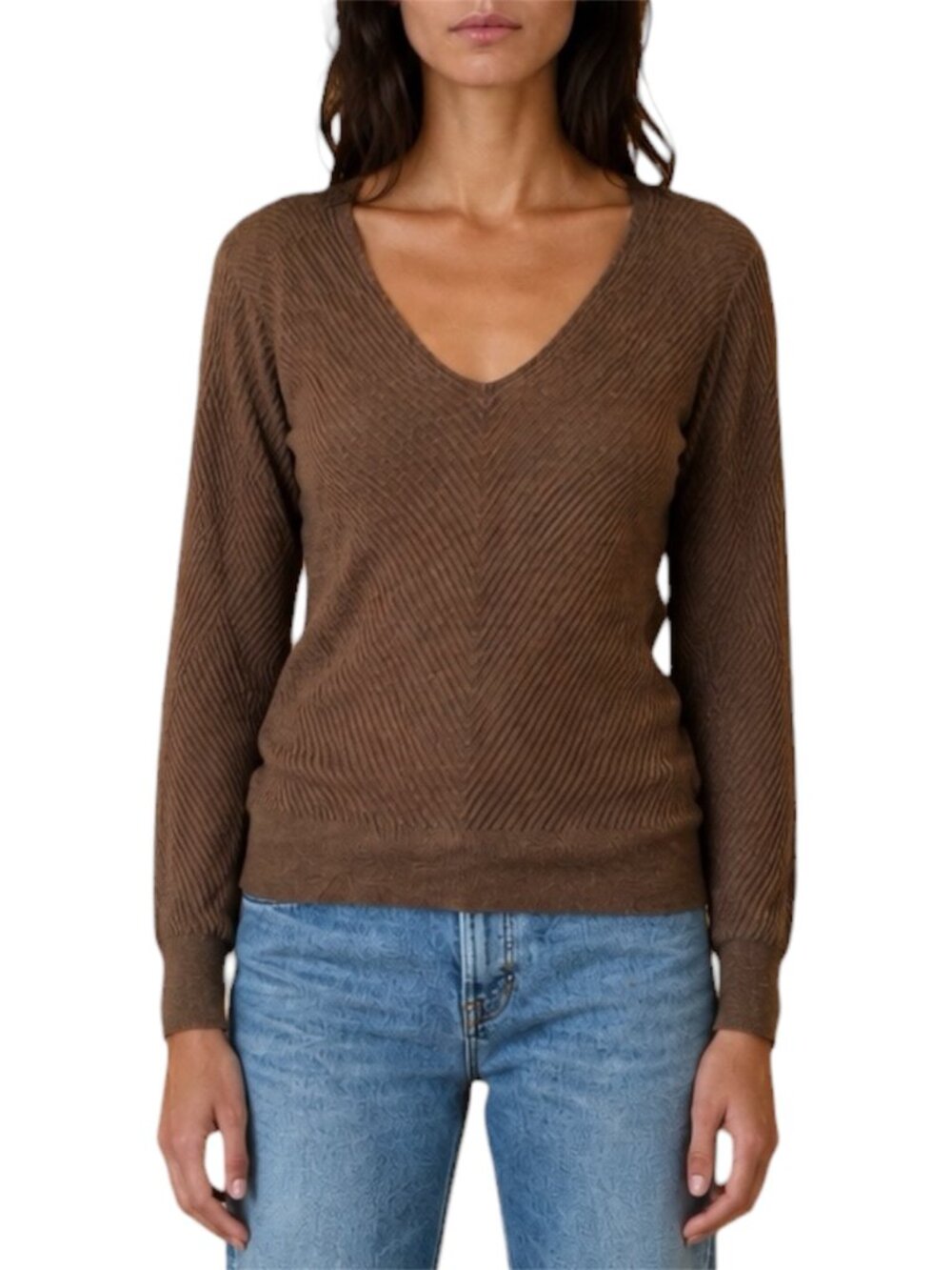 M Glyder Brown Ribbed V Neck Knit Sweater Lightweight Pullover